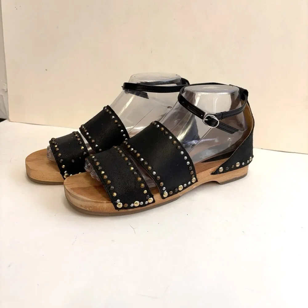 FREE PEOPLE Wooden Heels Black Leather North Shore Sandals Women’s 38 (US 7.5-8) - Picture 1 of 10
